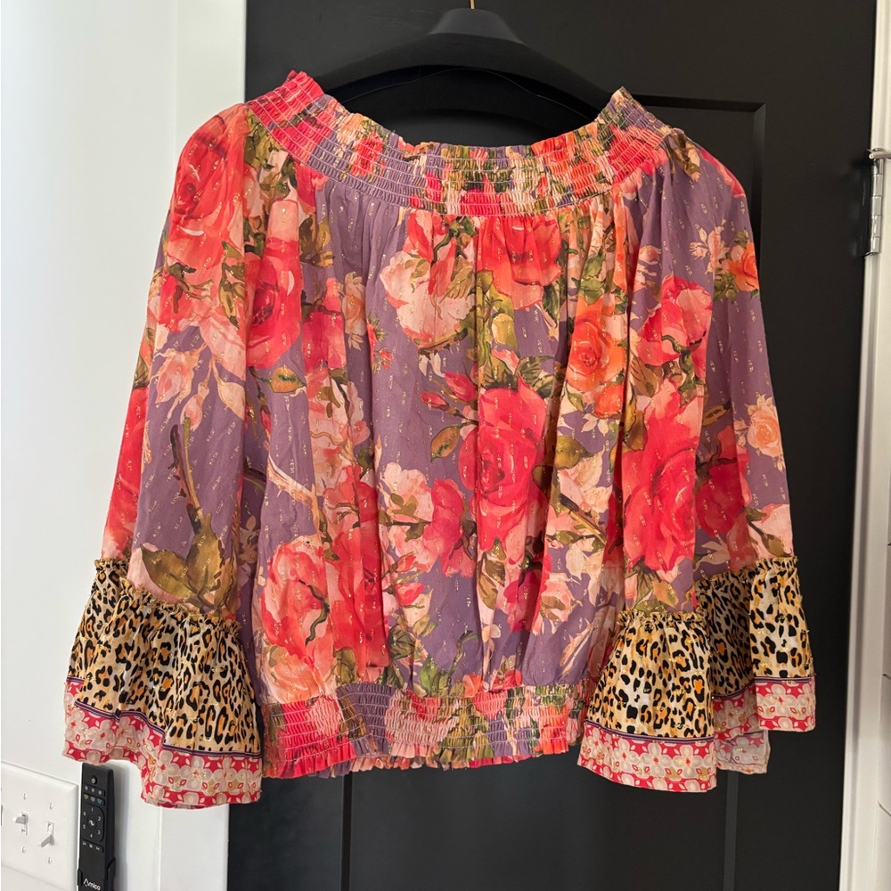 Aratta Rosaline Blouse Top Flowy Ruffle Off Shoulder Smocked Rose Floral Large - Picture 6 of 13